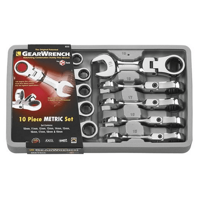 GearWrench 10 Pc. Stubby Flex Combination Ratcheting Wrench Set Metric 9550