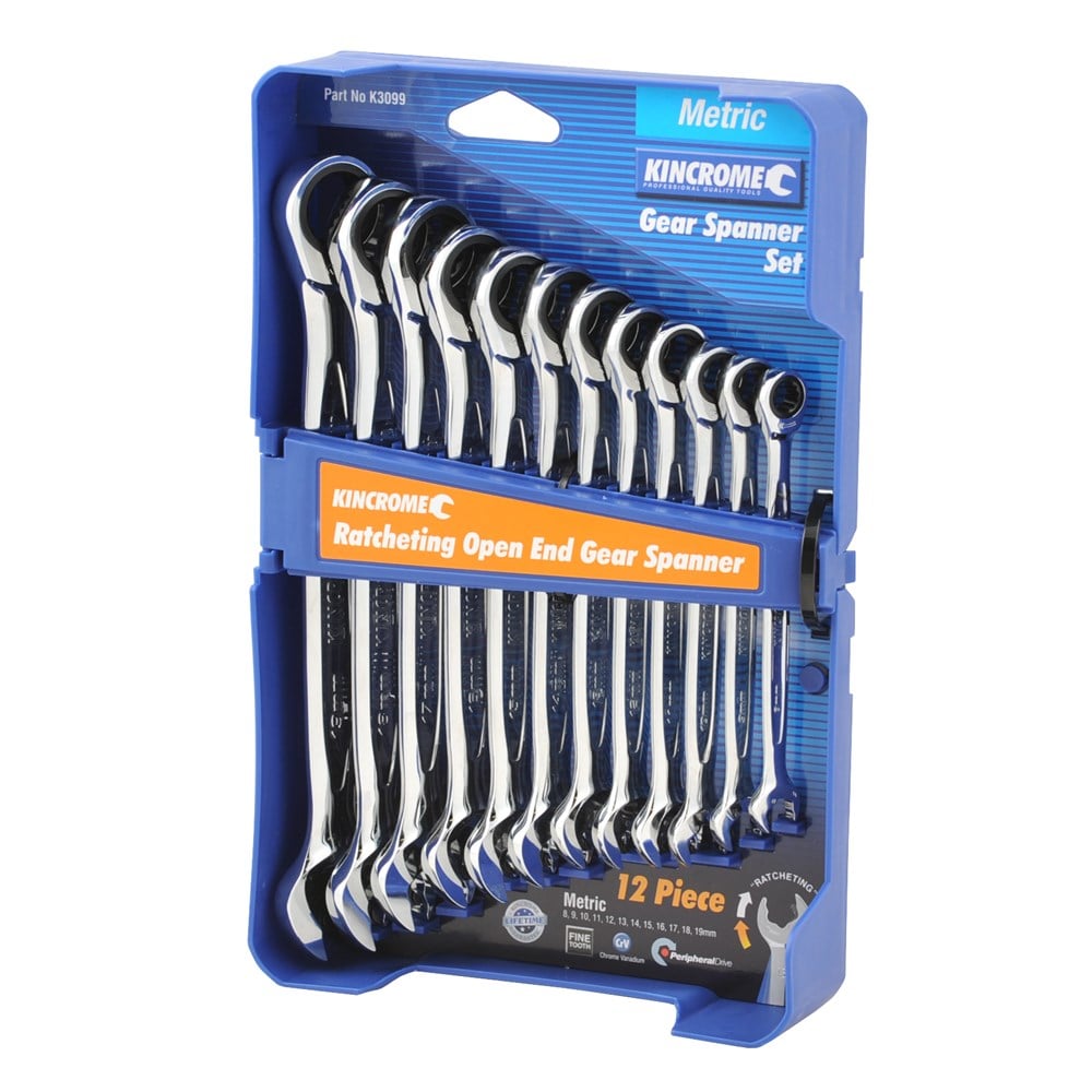 Kincrome K3099 Combination Gear Spanner Set Single Way Ratcheting Open End 12 Piece Metric