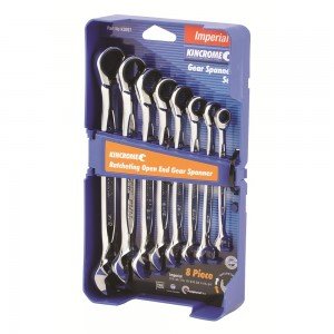 Kincrome K3097 Combination Gear Spanner Set Single Way Ratcheting Open End 8 Piece Imperial Image
