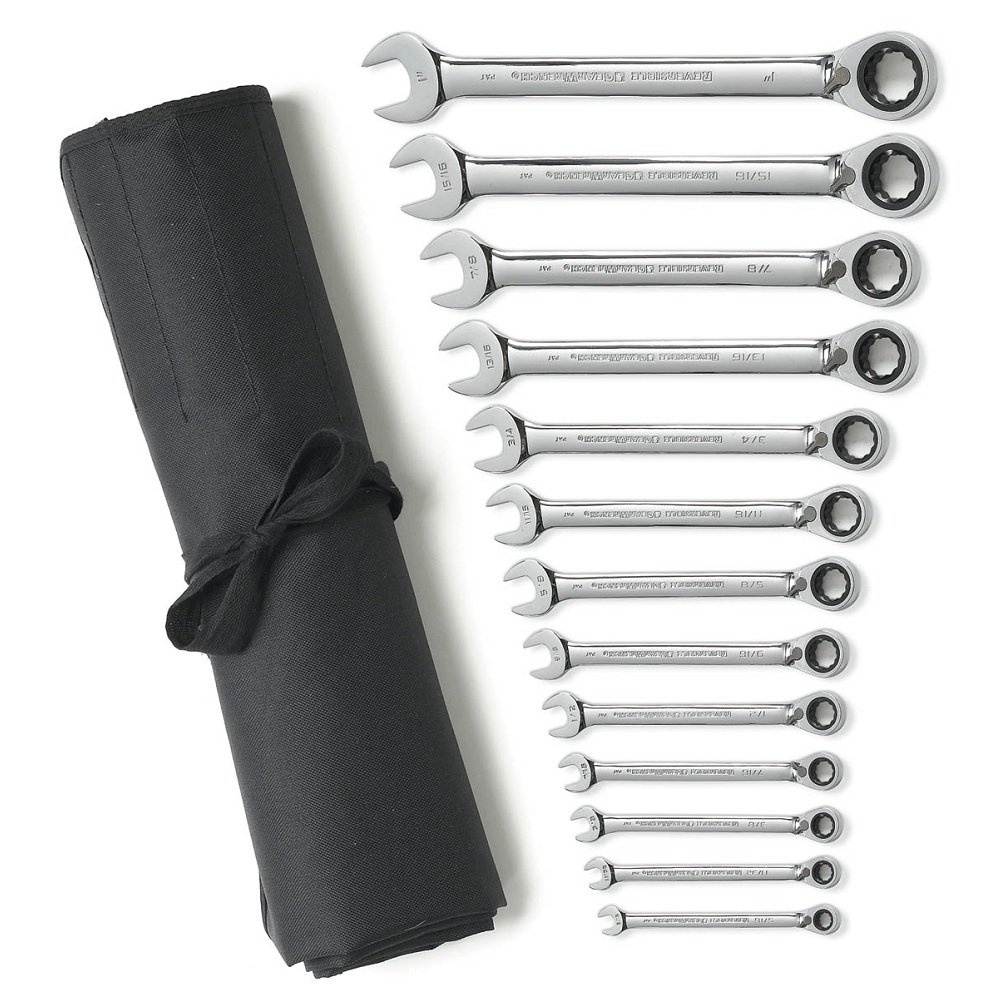 GearWrench 13 Pc. 12 Pt SAE Reversible Combination Ratcheting Spanner Set with Roll 9509RN
