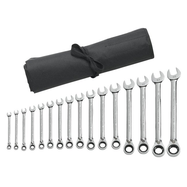 GearWrench 16 Piece 12 Point Metric Reversible Combination Ratcheting Spanner Set Roll 9602RN
