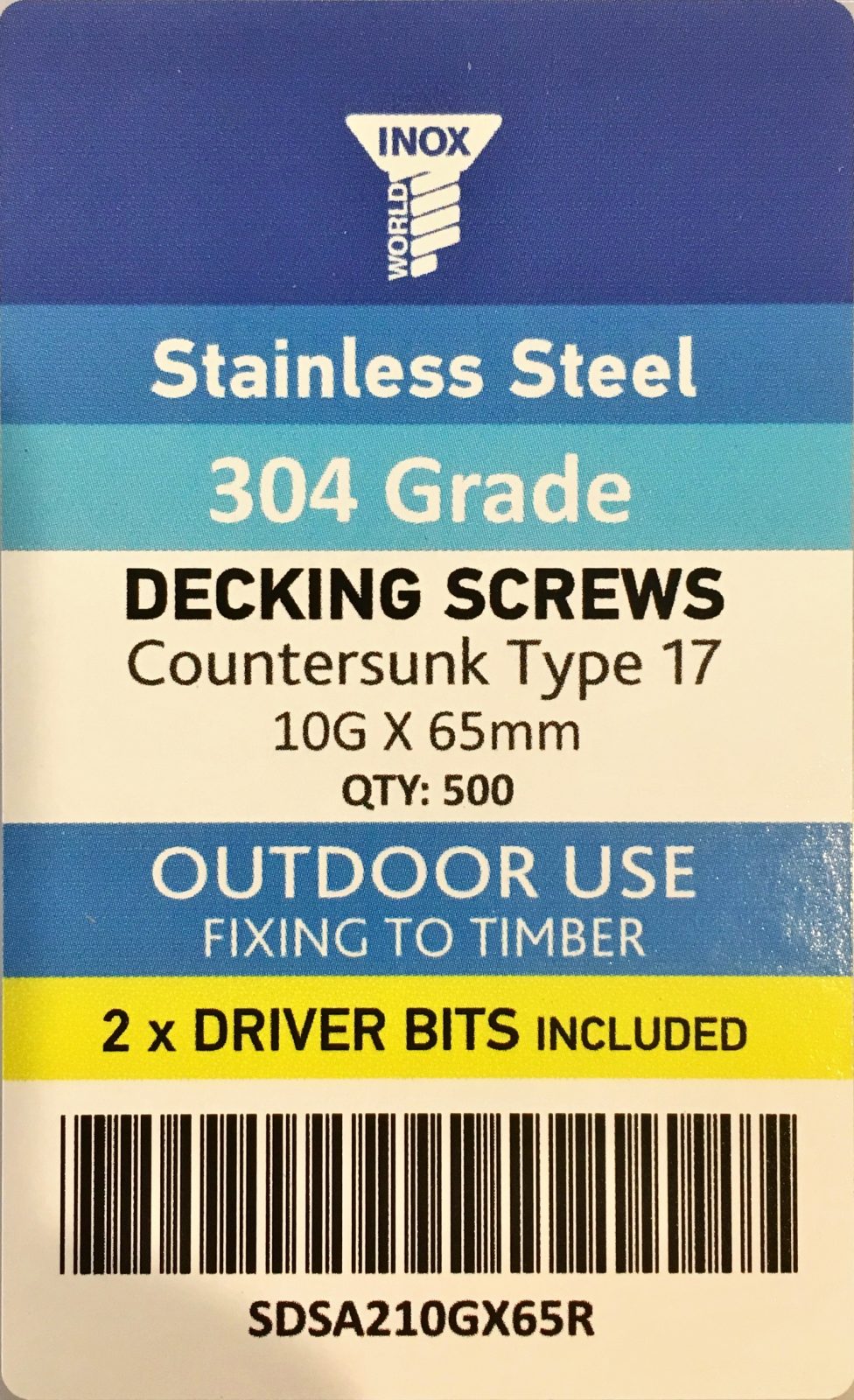 Inox World Stainless Steel 304 Grade Square Drive Decking Screws A2 (304) 10G-12x65 65mm Quantity 500 SDSA210GX65R - Image 2