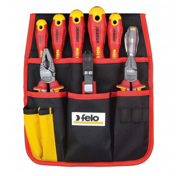 Felo 41399504 VDE Professional Electrician's XL Tool Set - 5 Piece Screwdriver Set + Combination Plier, Side Cutter, Circuit Tester & Cable Knife - Made in Germany