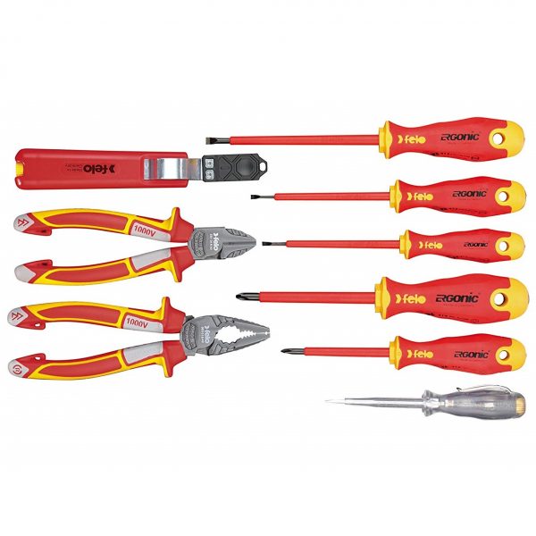 Felo 41399504 VDE Professional Electrician's XL Tool Set - 5 Piece Screwdriver Set + Combination Plier, Side Cutter, Circuit Tester & Cable Knife - Made in Germany