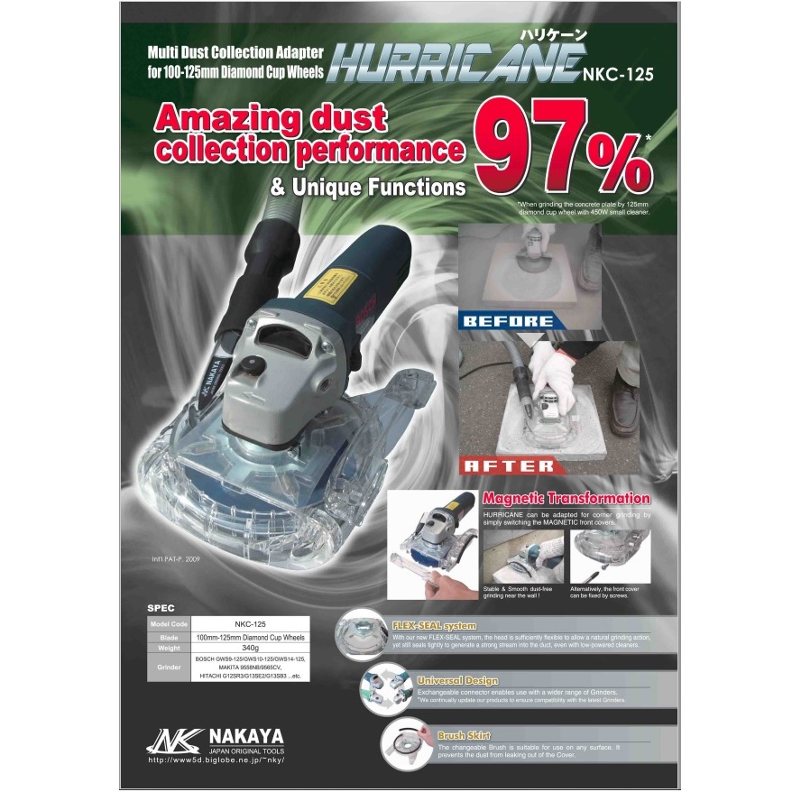 Nakaya NKC-125 Hurricane Dust Collector for 4” 100mm - 5” 125mm Diamond Cup Wheels - Suits Bosch, DeWalt, HiKOKI / Hitachi, Makita, Milwaukee, Metabo and more