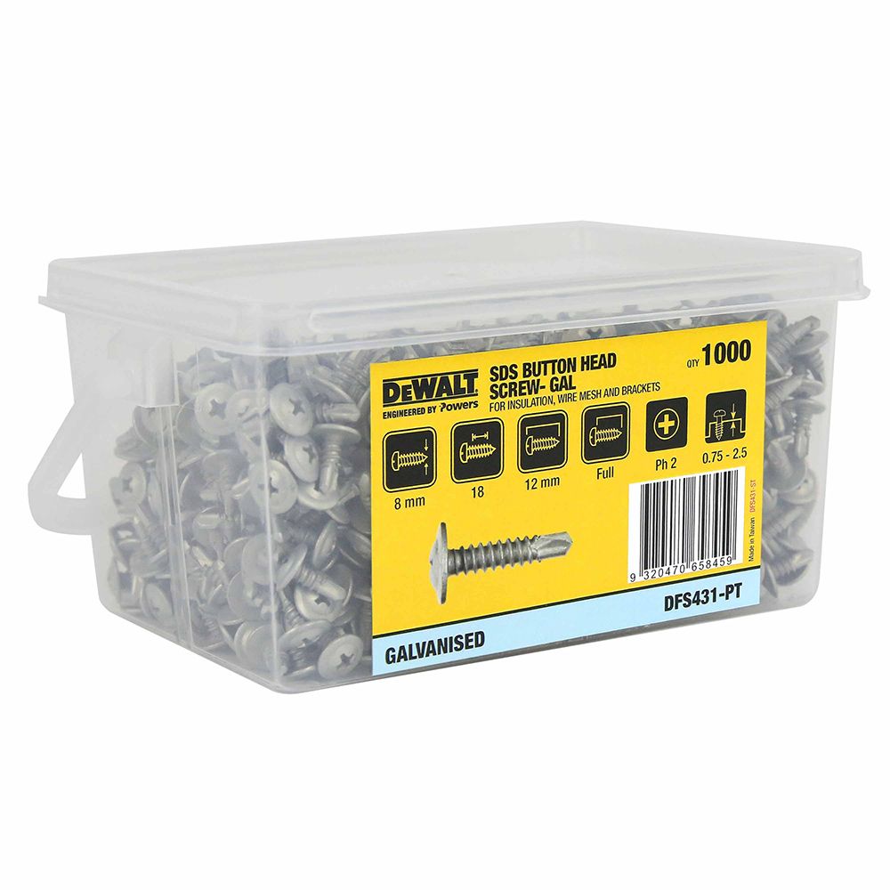 DeWALT DFS431-PT SDS Button Head Self Drilling Screw Galvanised 8mm x 12mm Quantity of 1000 - Engineered by Powers - Image 2