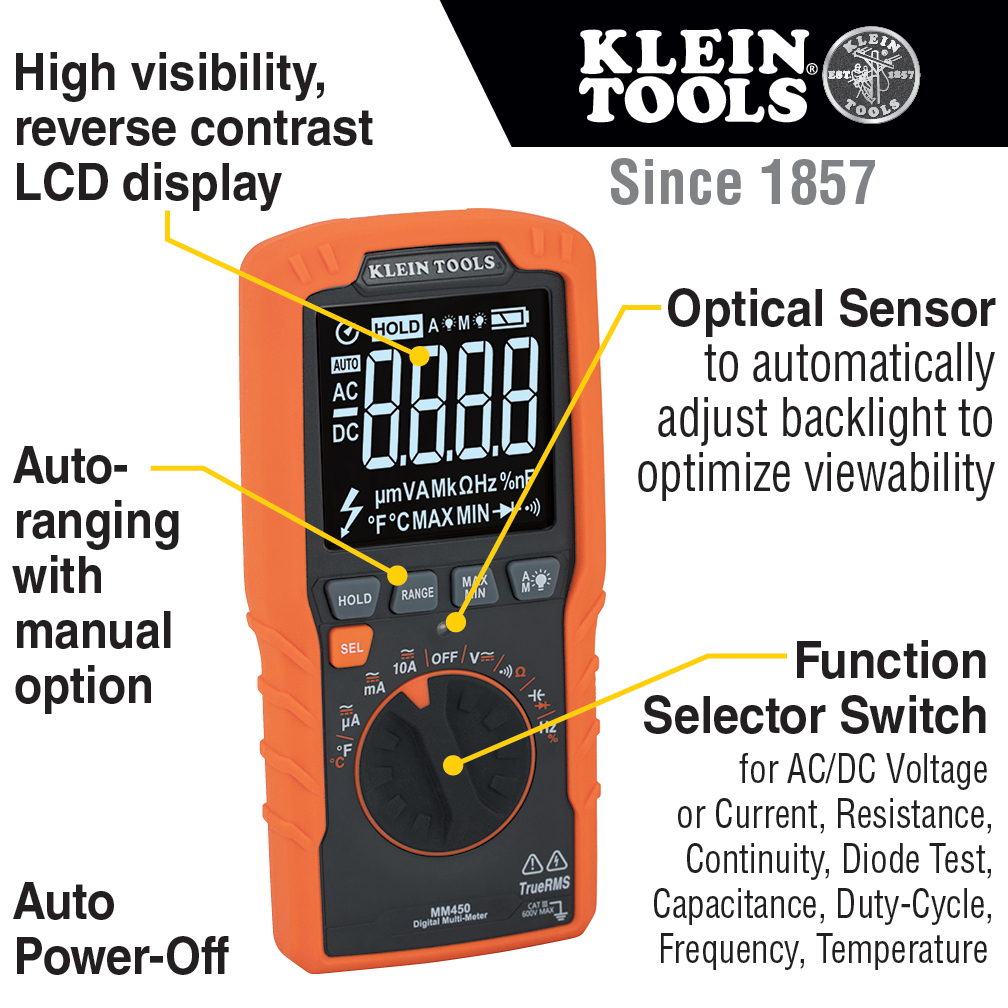 KLEIN Tools A-MM450 Slim Digital Multimeter TRMS Auto-Ranging 600V Temp - Image 8