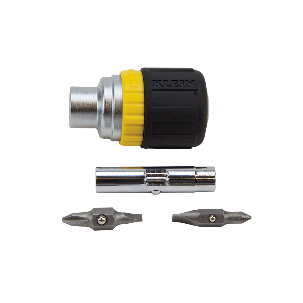 KLEIN Tools A-32593 Multi-Bit Ratcheting Screwdriver, 6-in-1, Stubby, Ph., Sl., Nut Bits - Image 2