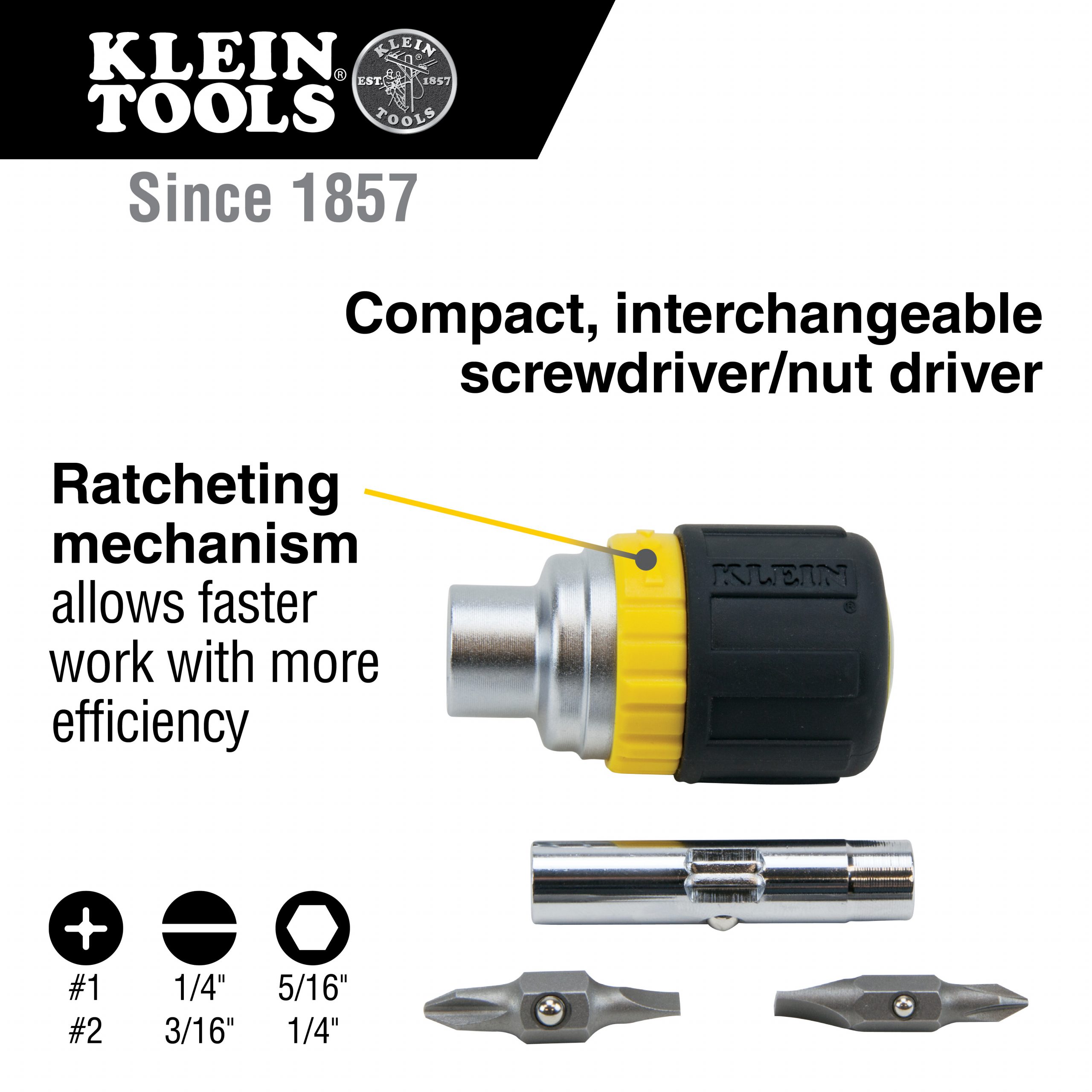 KLEIN Tools A-32593 Multi-Bit Ratcheting Screwdriver, 6-in-1, Stubby, Ph., Sl., Nut Bits - Image 5