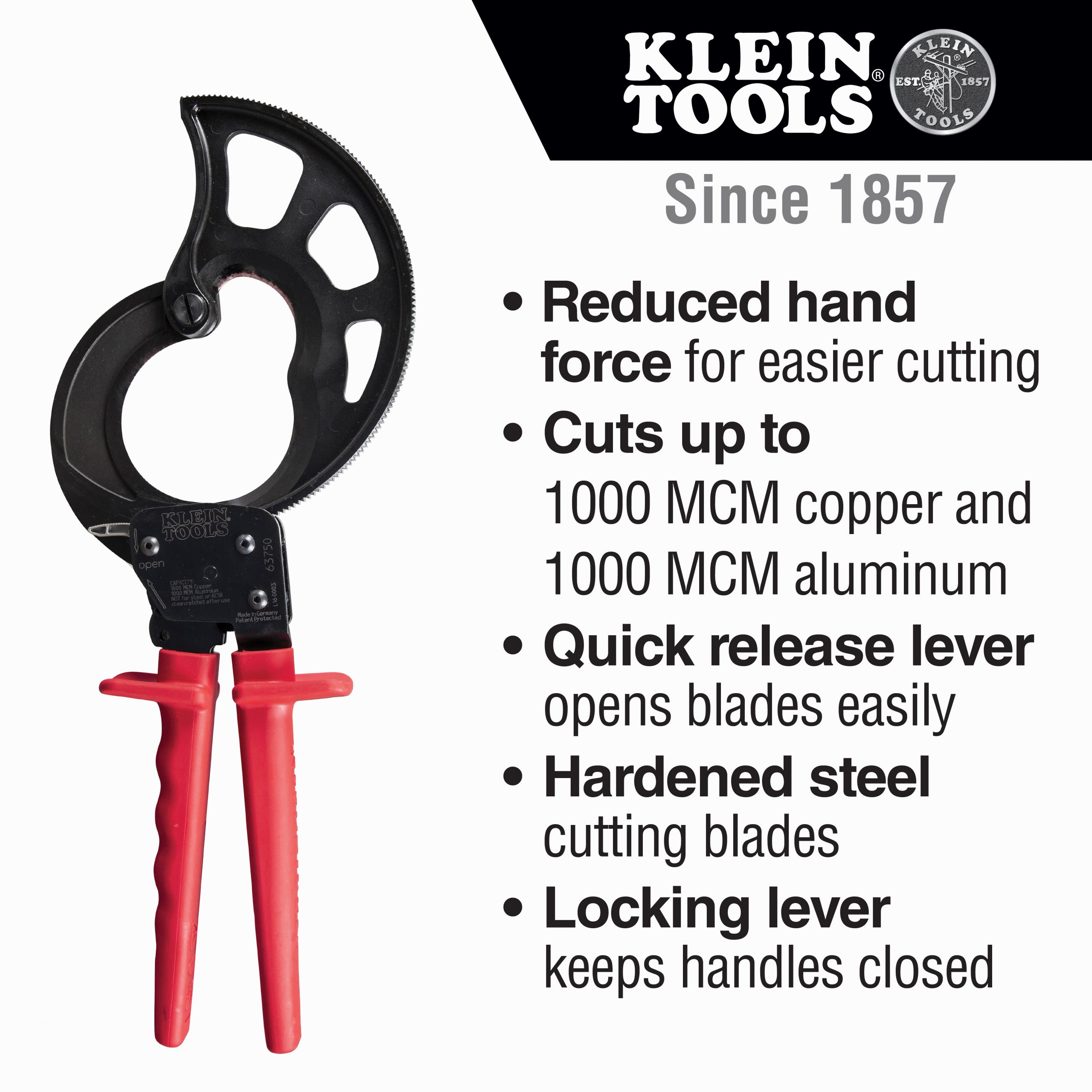KLEIN Tools A-63750 Ratcheting Cable Cutter - 1000 MCM Copper & Aluminium - Made in Germany - Image 7