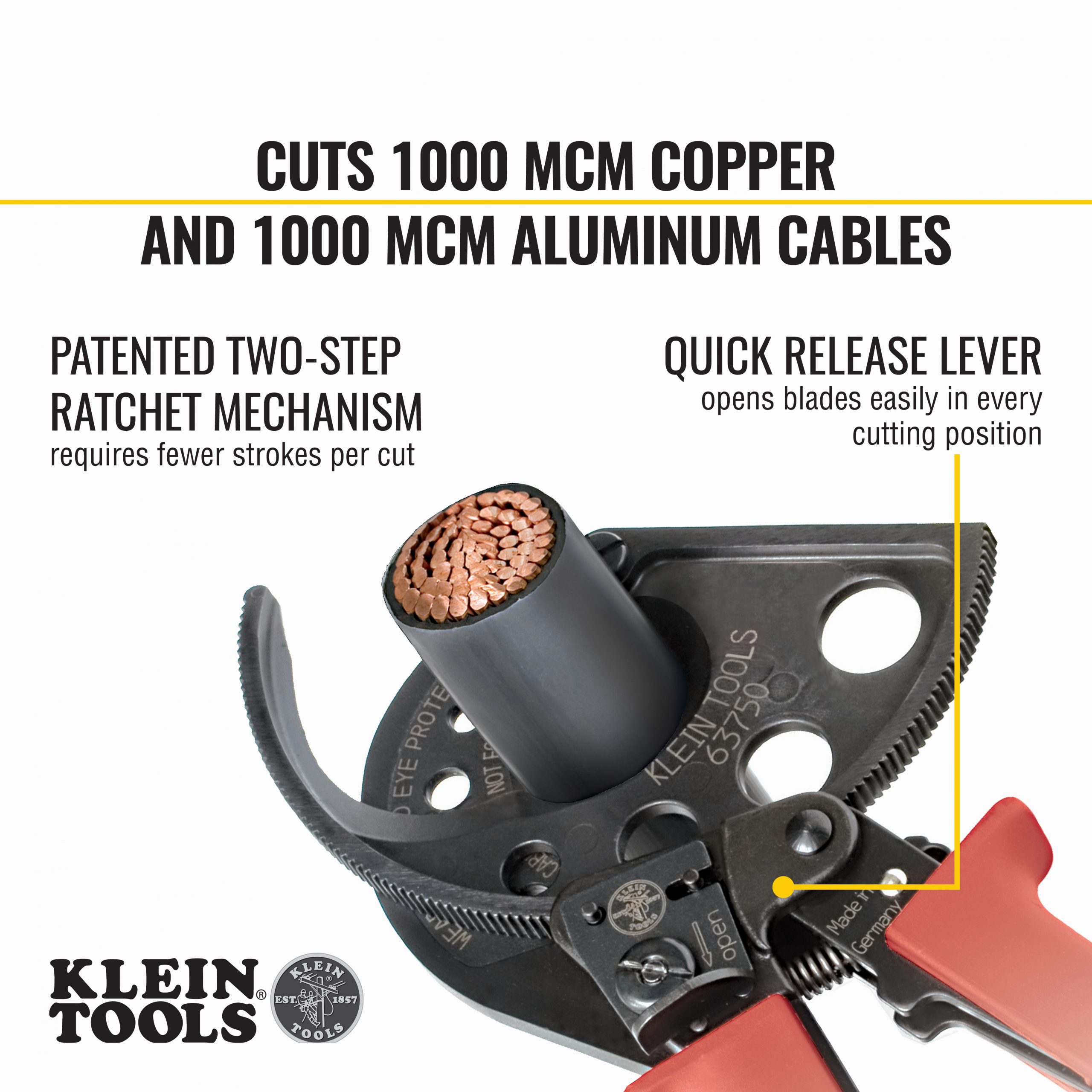 KLEIN Tools A-63750 Ratcheting Cable Cutter - 1000 MCM Copper & Aluminium - Made in Germany - Image 8