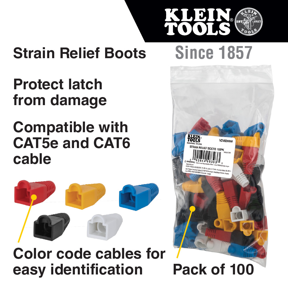 KLEIN Tools A-VDV824-650 Strain Relief Boots for RJ45 Data Plugs, CAT5e/CAT6 Cable, 100 Pack - Image 8