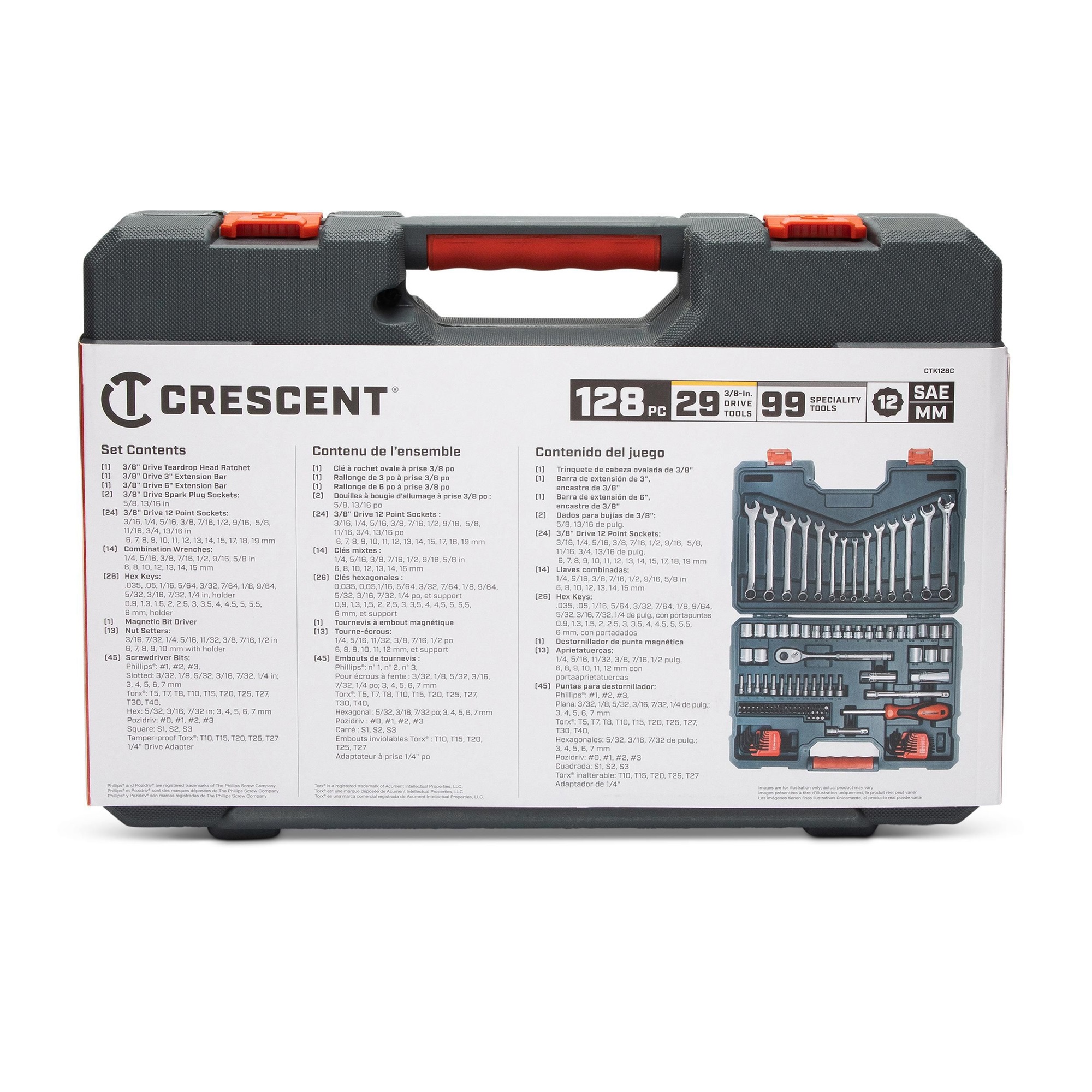CRESCENT CTK128C 128 Piece 3/8" Square Drive 12 Point Standard Metric/SAE Mechanics Tool Set - Image 4