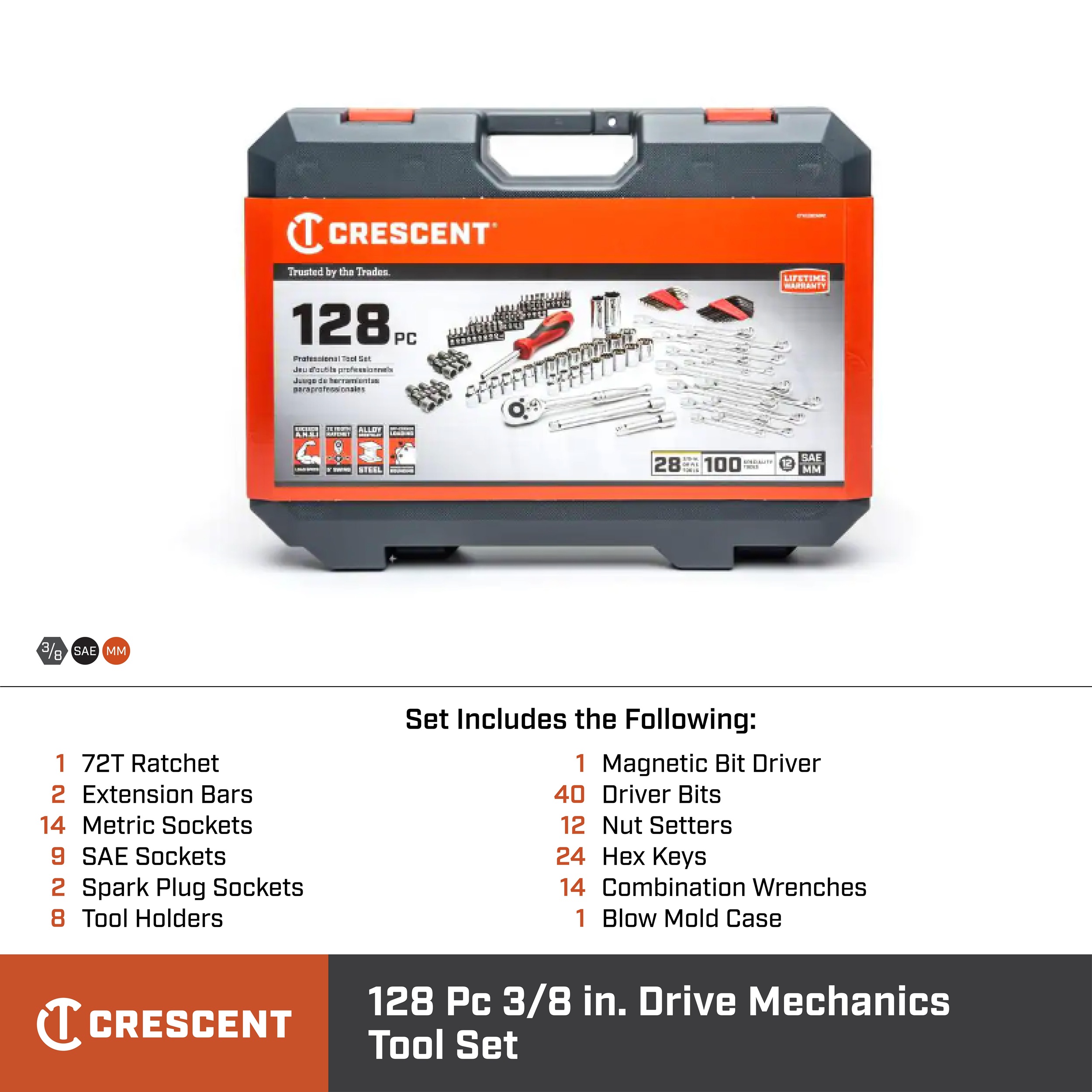 CRESCENT CTK128C 128 Piece 3/8" Square Drive 12 Point Standard Metric/SAE Mechanics Tool Set - Image 5