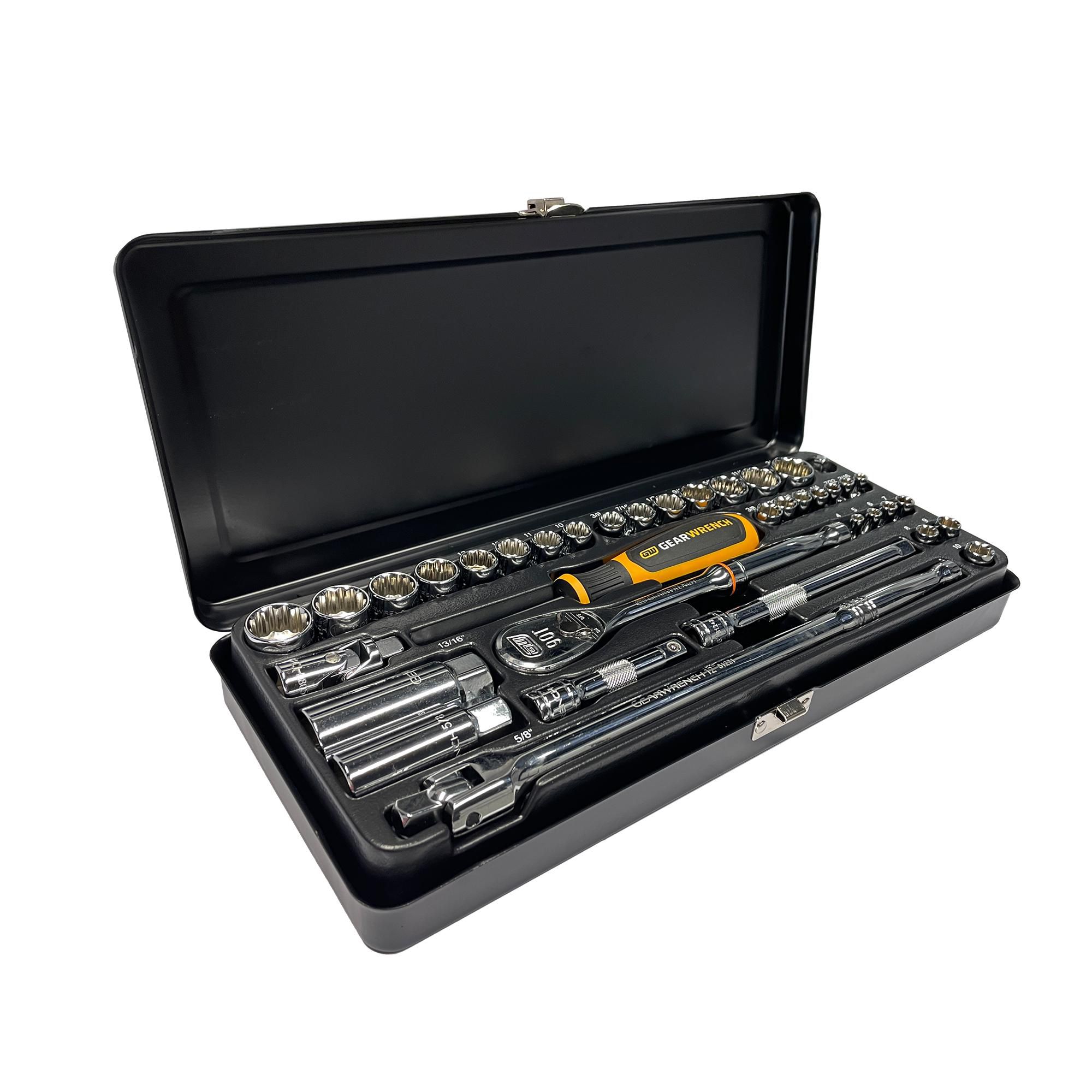 GEARWRENCH 87022 38 Piece 90T 1/4″ & 3/8″ Square Drive 6 and 12 Point Socket Set METRIC/SAE Image