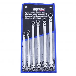 SP Tools SP10418 Extra Long 6 Piece Flex Head Double Gear Drive Ring Spanner Set – Metric