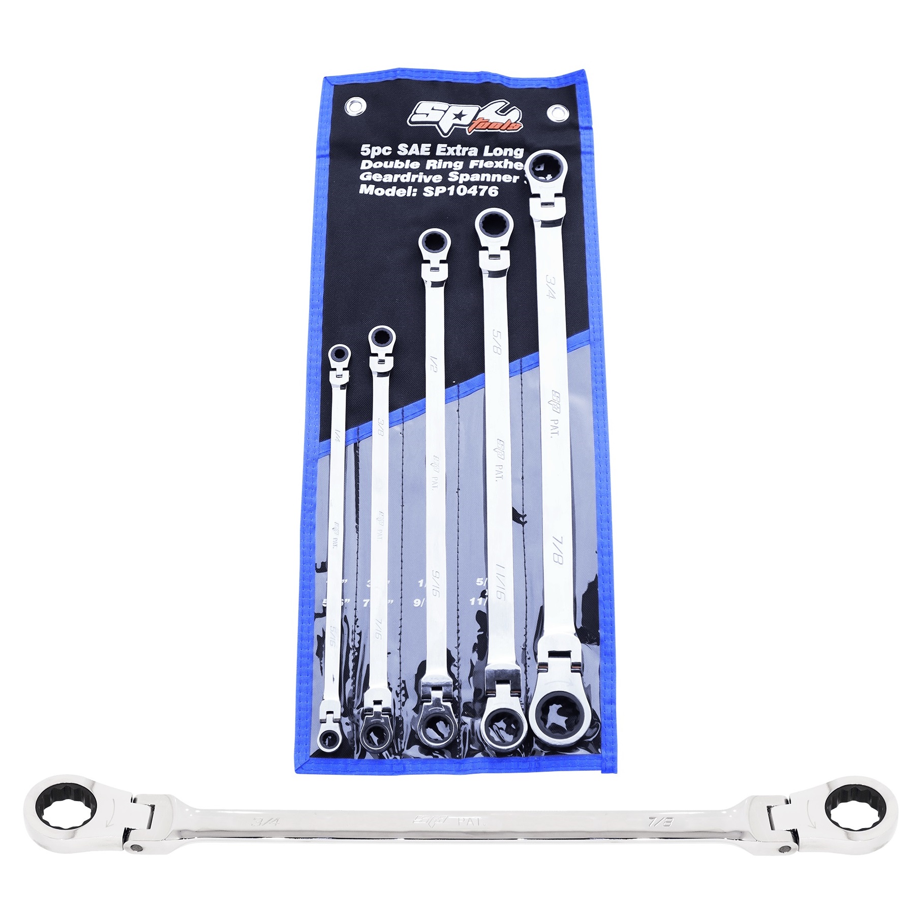 SP Tools SP10476 Extra Long 5 Piece Flex Head Double Gear Drive Ring Spanner Set - SAE/Imperial - Image 2