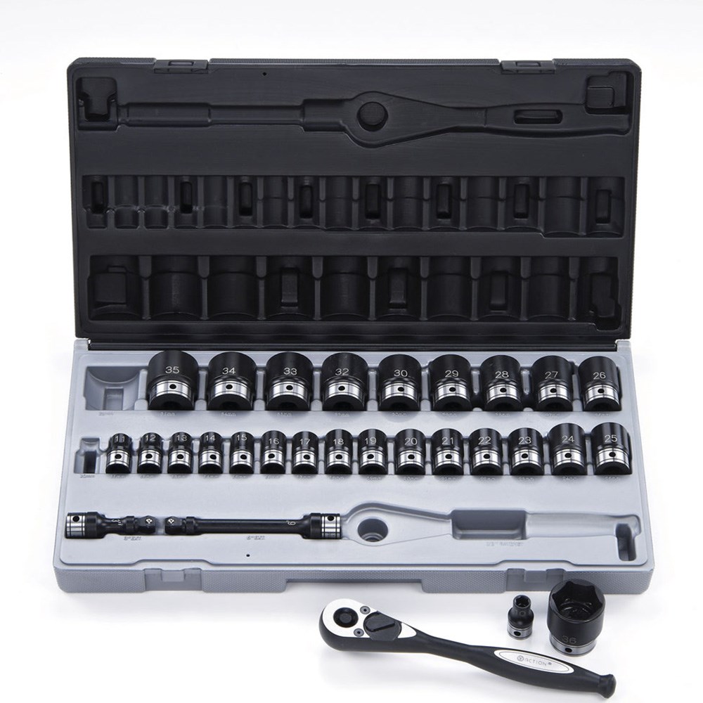 Dual Action 10242901 29 Piece 1/2″ Square Drive, Thin Wall Impact 6 Point Standard Socket Set Metric