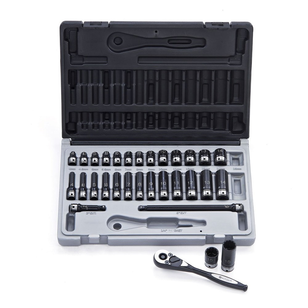 Dual Action 14043102 31 Piece 1/4 Square Drive, Thin Wall Impact 12 Point Metric, Standard & Deep Socket Set Image