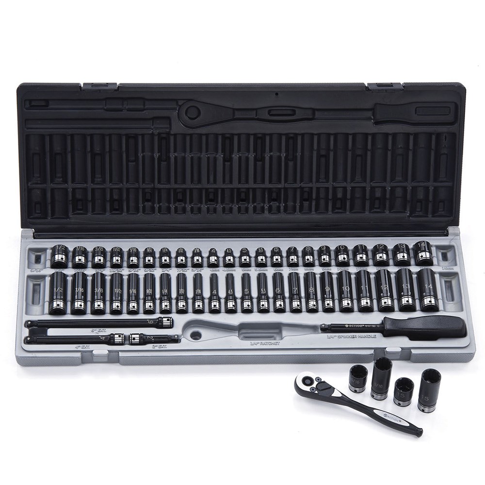 Dual Action 14045302 53 Piece 1/4 Square Drive, Thin Wall Impact 12 Point Metric & Imperial, Standard & Deep Socket Set Image