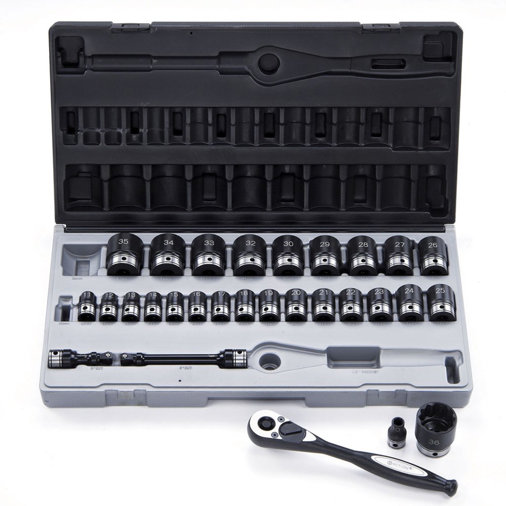 Dual Action 14242901 29 Piece 1/2″ Square Drive, Thin Wall Impact 12 Point Standard Socket Set Metric Image