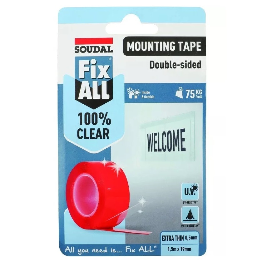 Soudal 155514 Fix All 100% Clear Double Sided Mounting Tape 19mm x 1.5m Translucent 175556 Image