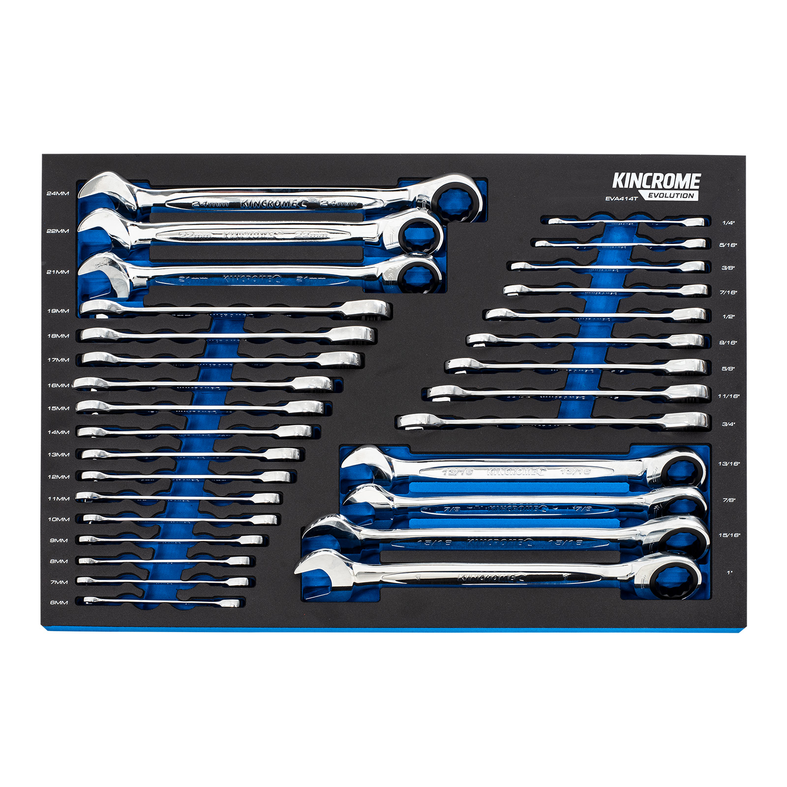 Kincrome EVA414T EVOLUTION 30 Piece Single Way Ratcheting Gear Spanners EVA Tray Image