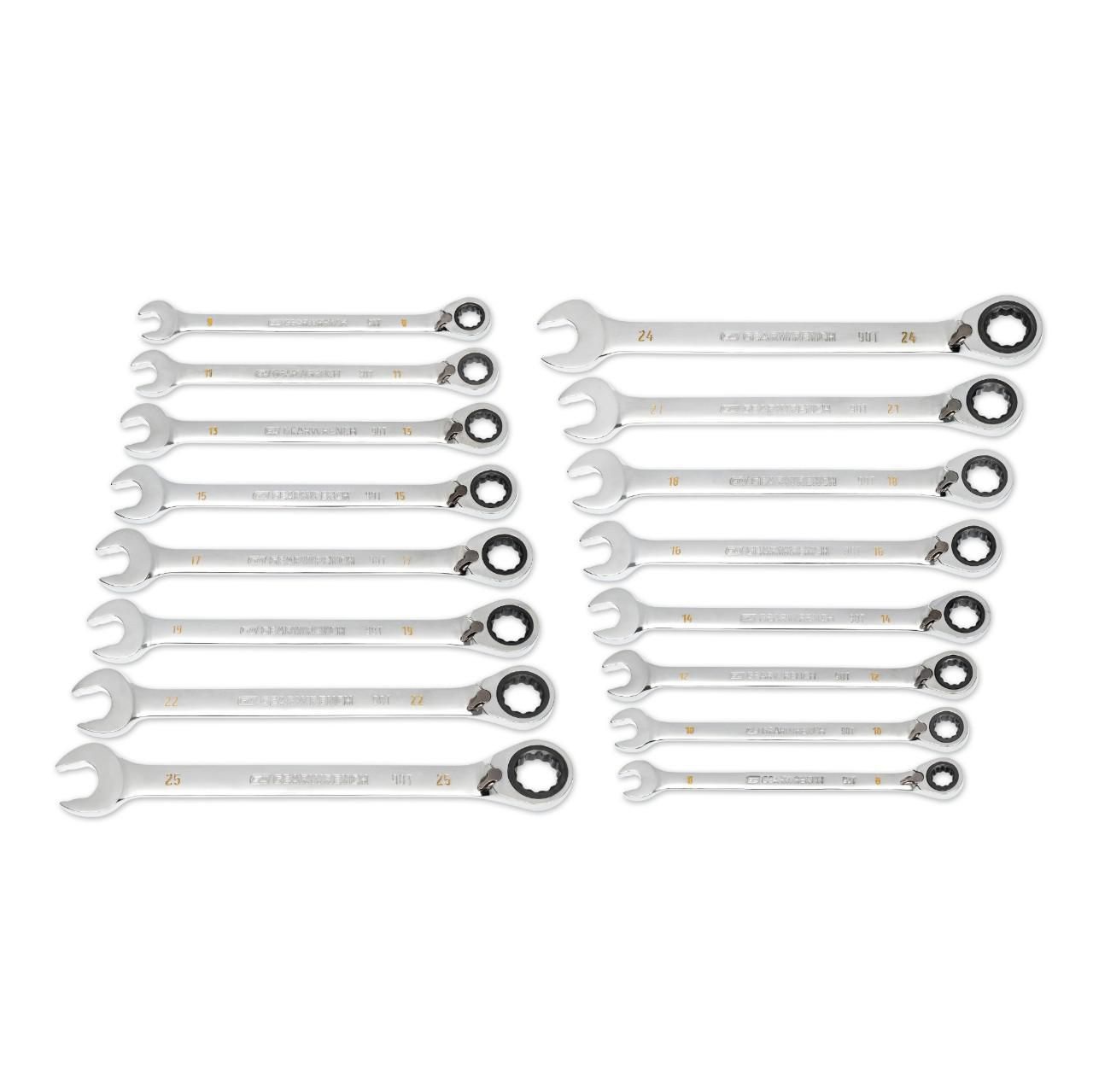GEARWRENCH 86629 16 Piece 90 Tooth Reversible Combination Ratcheting Wrench Spanner Set Metric 90T Image