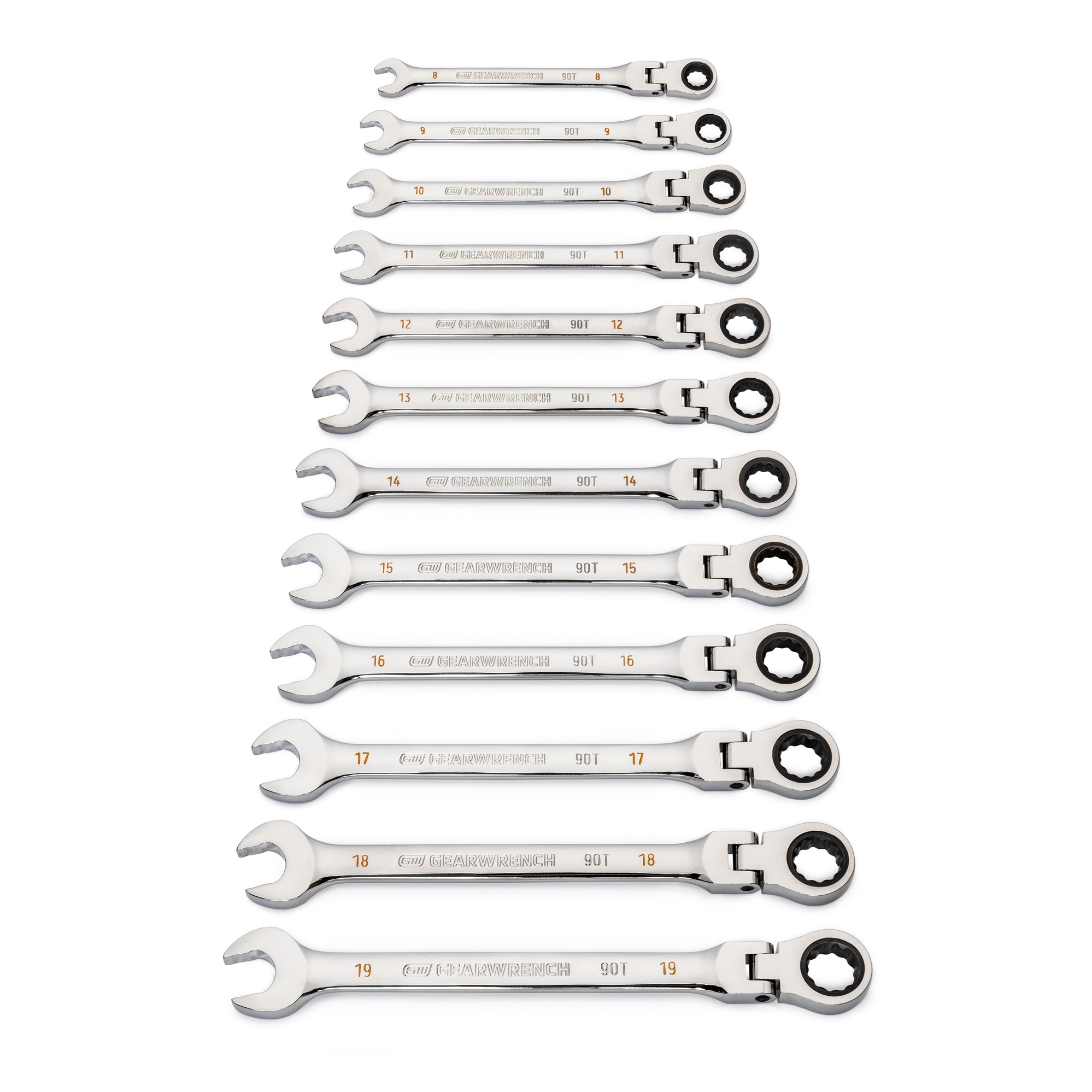 GEARWRENCH 86727 12 Piece 90 Tooth Flex-Head Ratcheting Combination Spanner Wrench Set Metric 90T Image