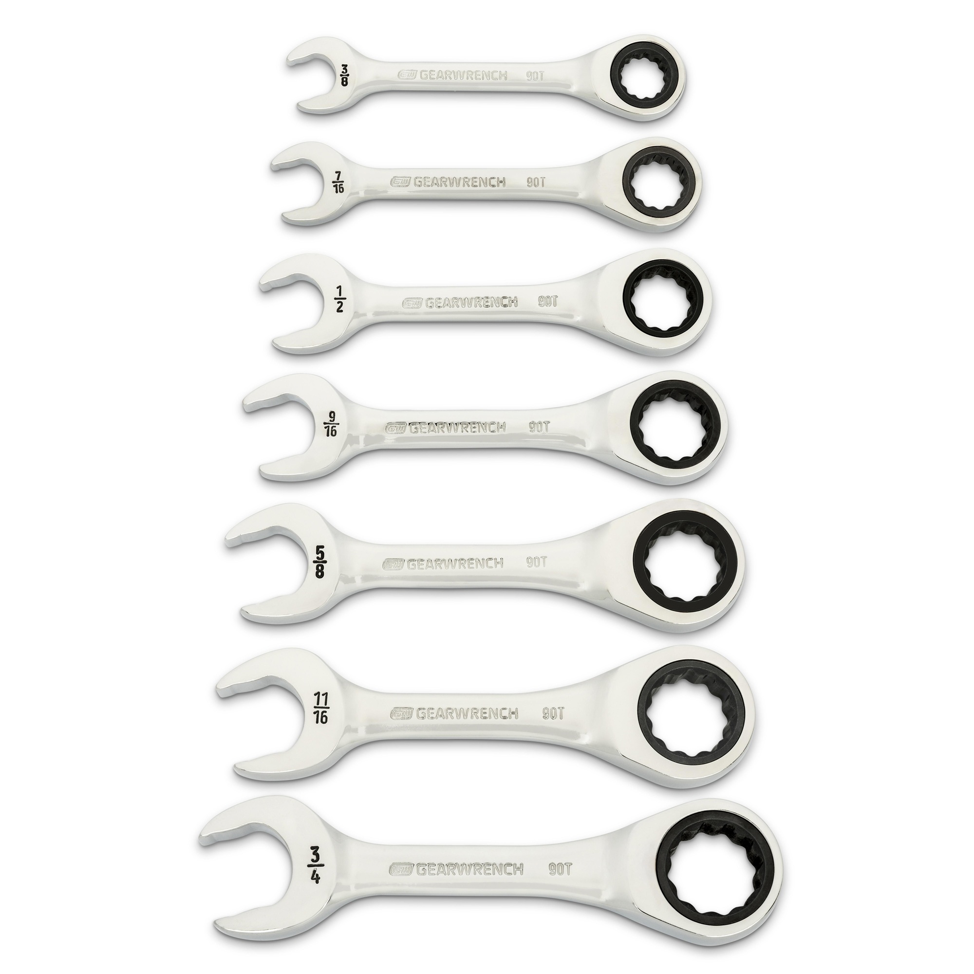 GEARWRENCH 86858 7 Piece 90 Tooth Stubby Combination Ratcheting Wrench Spanner SAE/Imperial Set 90T Image