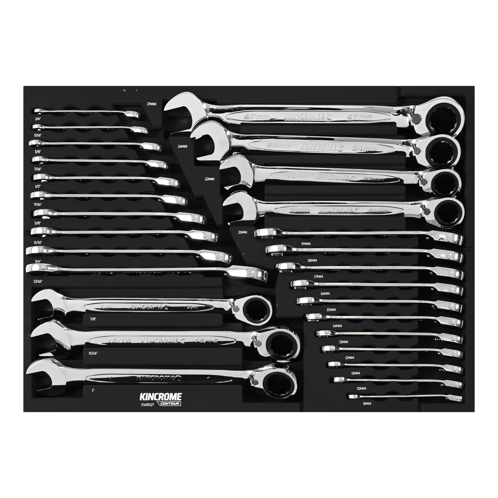 Kincrome EVA912T CONTOUR® 28 Piece Reverse Gear Spanners EVA Tray Set Image