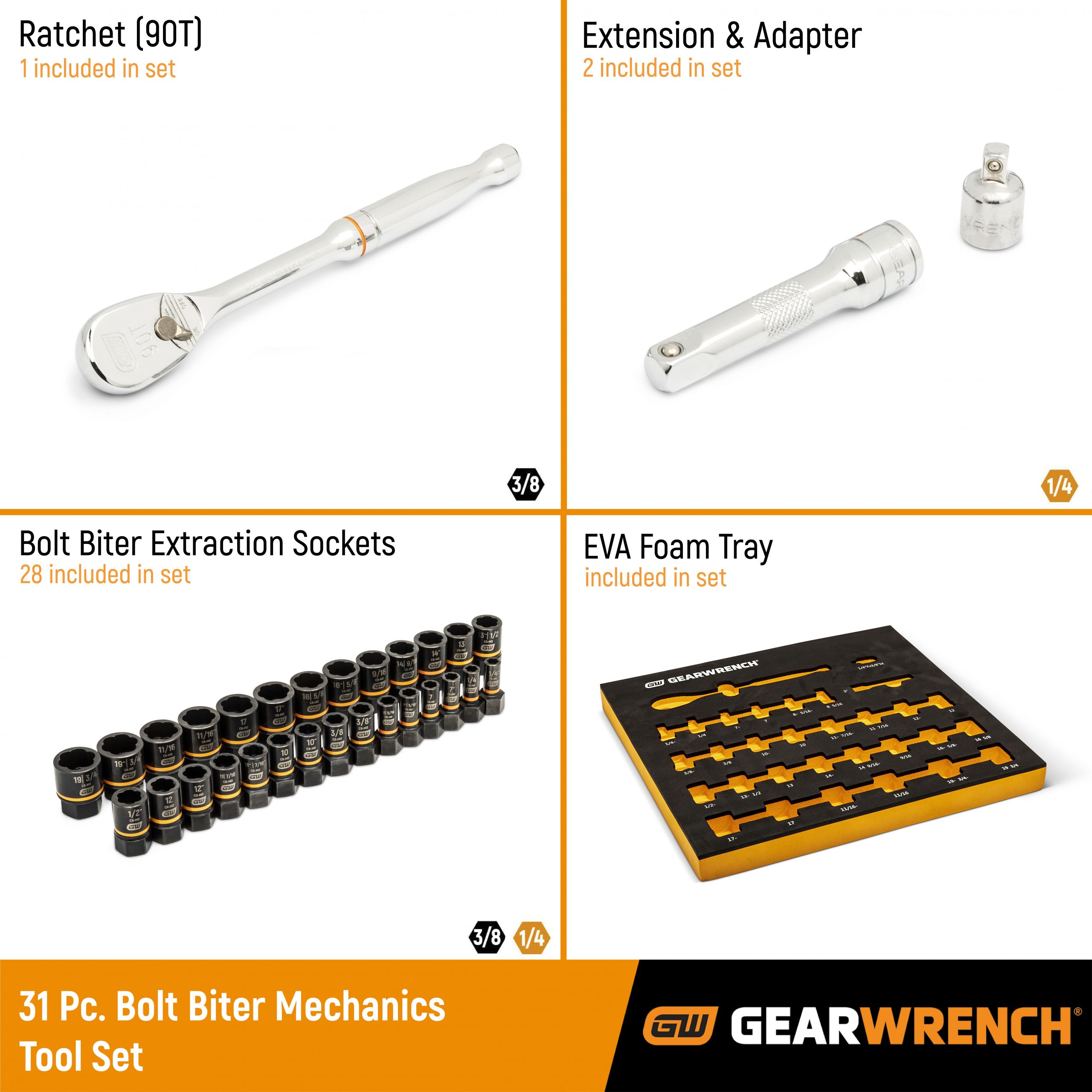 GEARWRENCH 86525 31 Piece 3/8" Drive 90T Ratchet and Bolt Biter™ Socket Set with EVA Foam Storage Tray - Image 4
