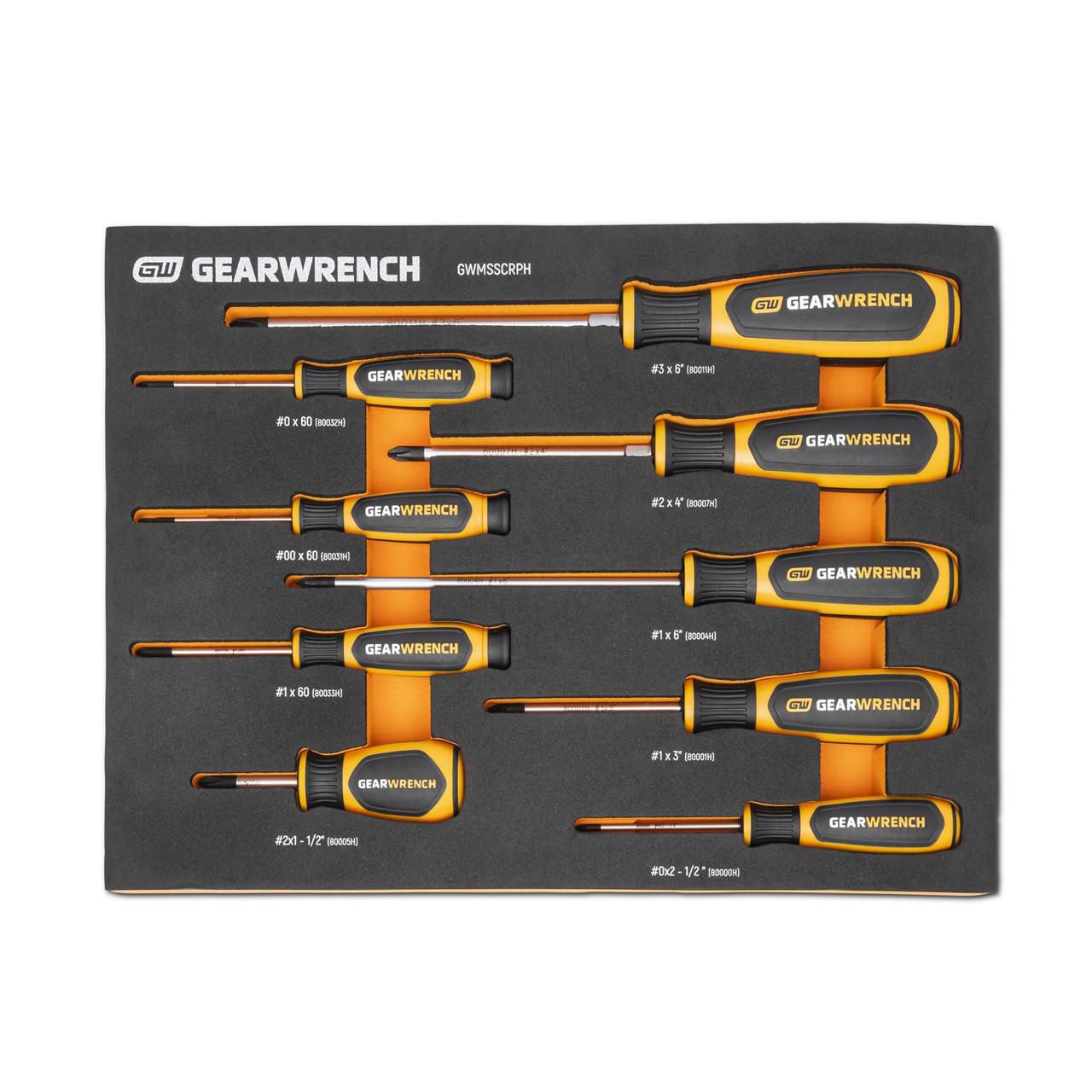 GEARWRENCH GWMSSCRPH 9 Piece Phillips® Dual Material Screwdriver Set in EVA Foam Storage Tray Image