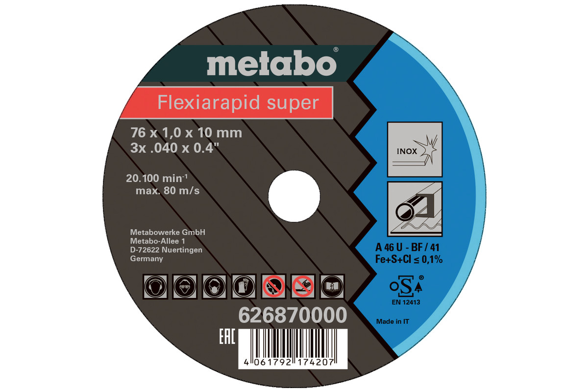 Metabo 626870000 Flexiarapid Super 76×1.0×10 INOX TF41 Grinder Cutting Disc, Pack of 5 Image