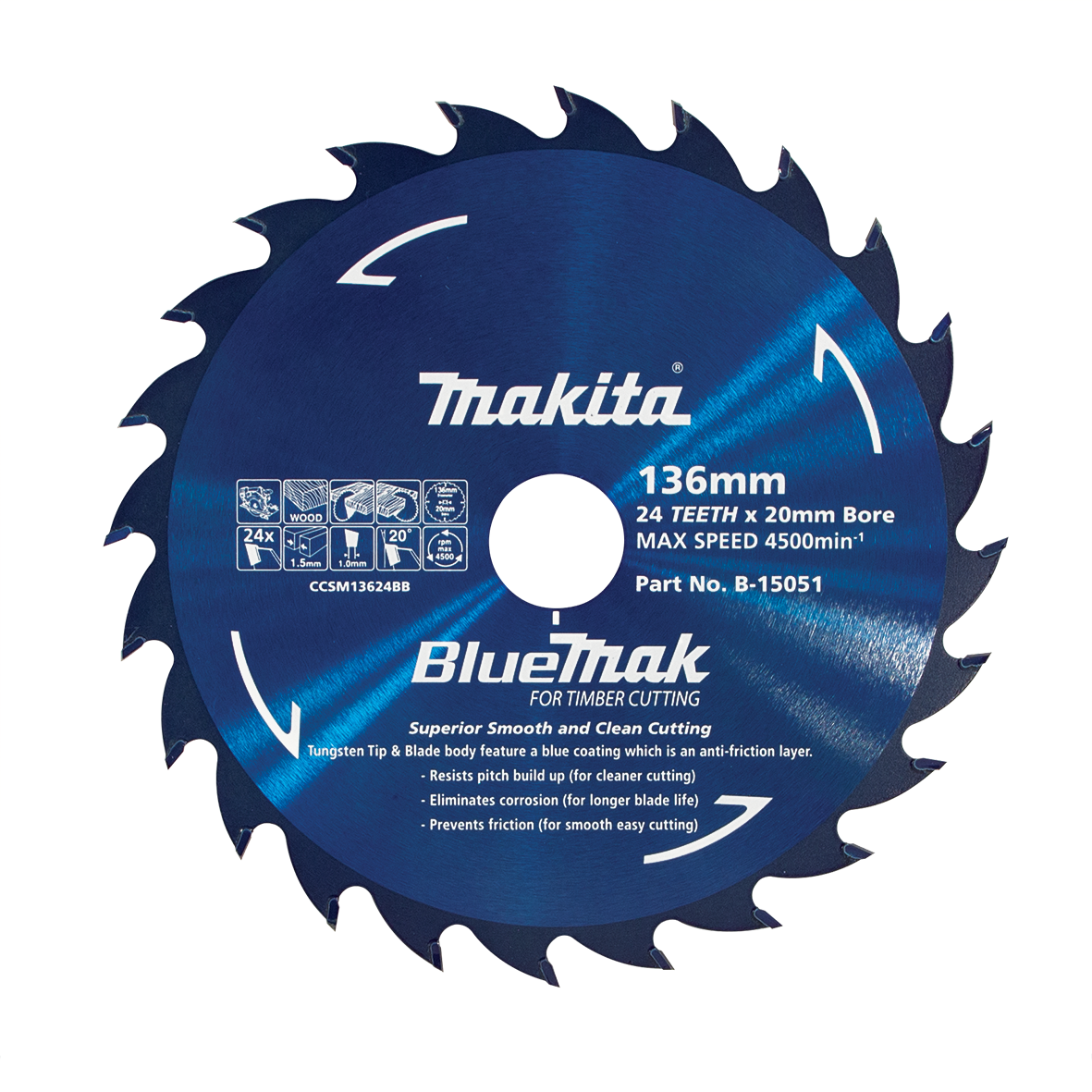 Makita B-15051 BlueMak TCT Saw Blade 136mm x 20mm x 24T Image