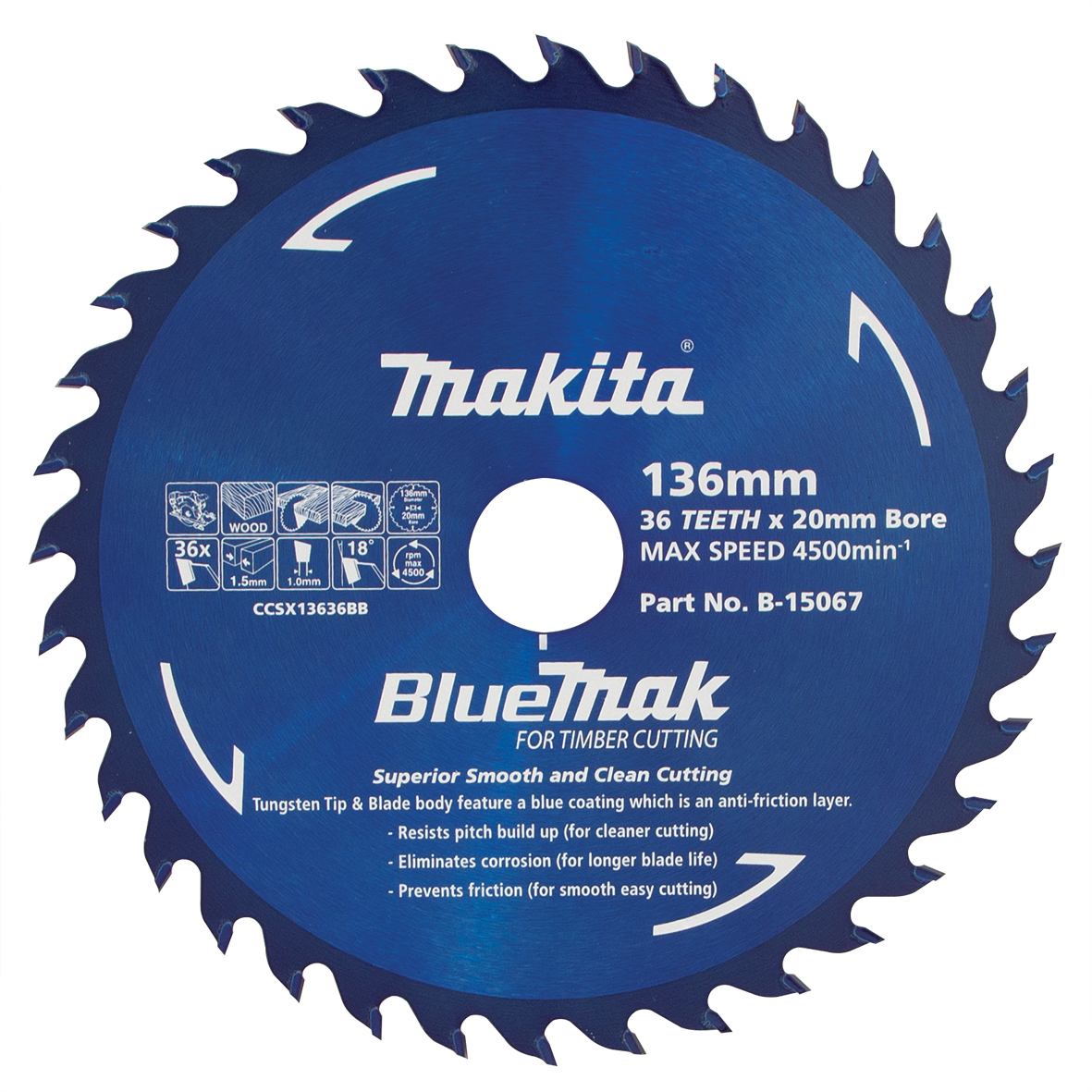 Makita B-15067 BlueMak TCT Saw Blade 136mm x 20mm x 36T Image