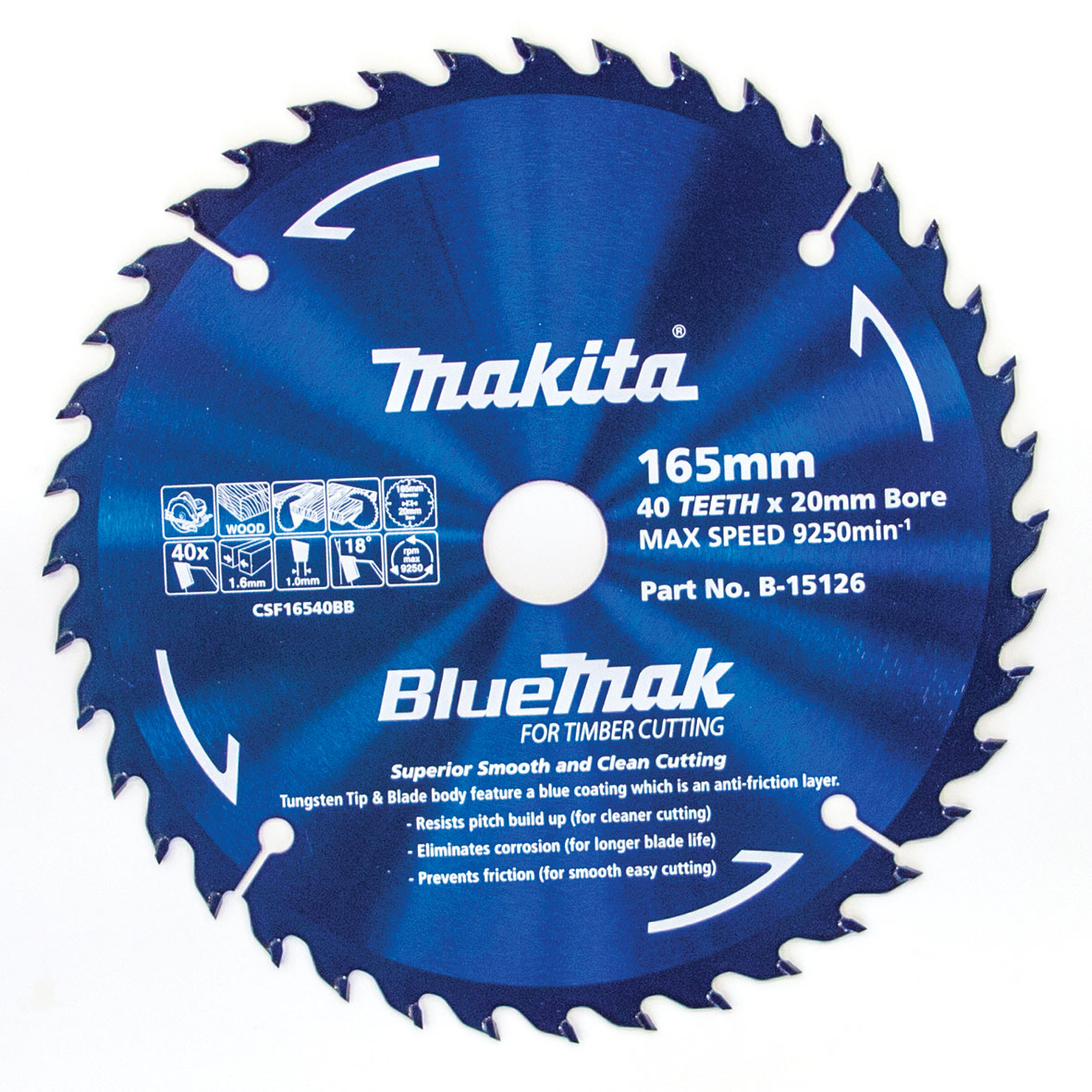 Makita B-15126 BlueMak TCT Saw Blade 165mm x 20mm x 40T Image