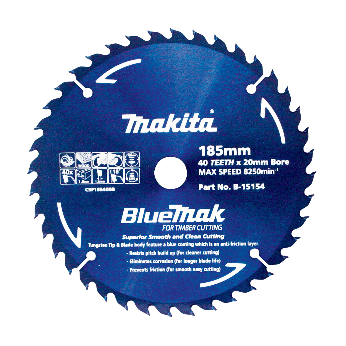 Makita B-15154 BlueMak TCT Saw Blade 185mm x 20mm x 40T Image