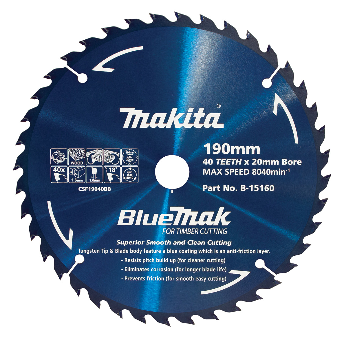 Makita B-15160 BlueMak TCT Saw Blade 190mm x 20mm x 40T Image