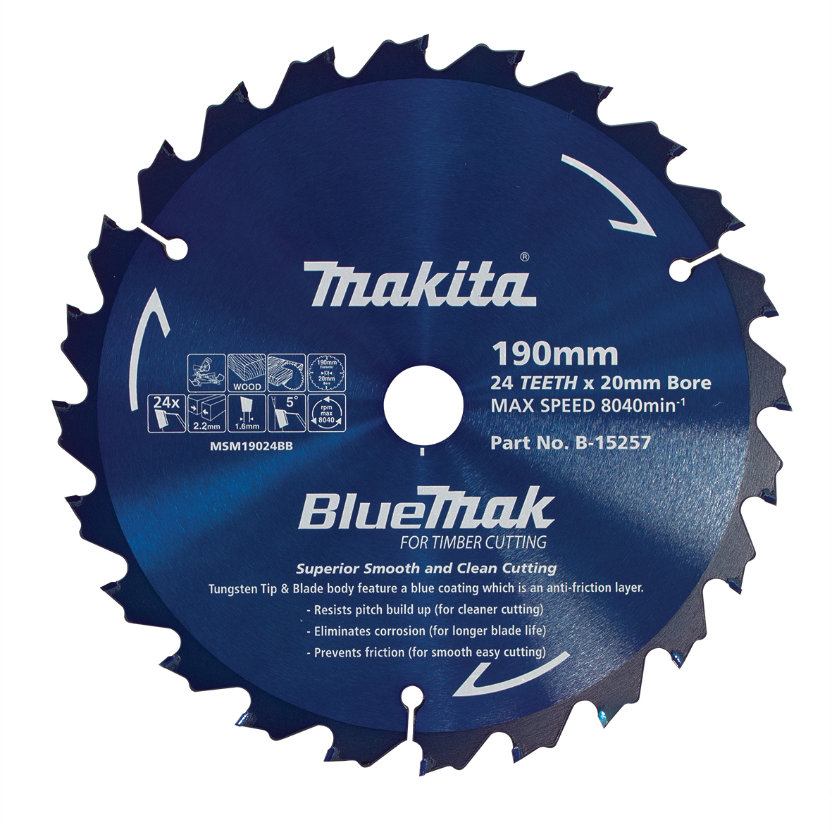 Makita B-15257 BlueMak TCT Saw Blade 190mm x 20mm x 24T Image