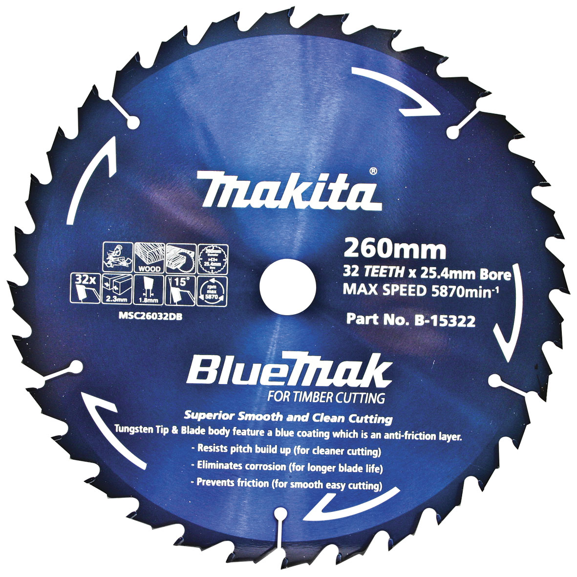 Makita B-15322 BlueMak TCT Saw Blade 260mm x 25.4mm x 32T Image