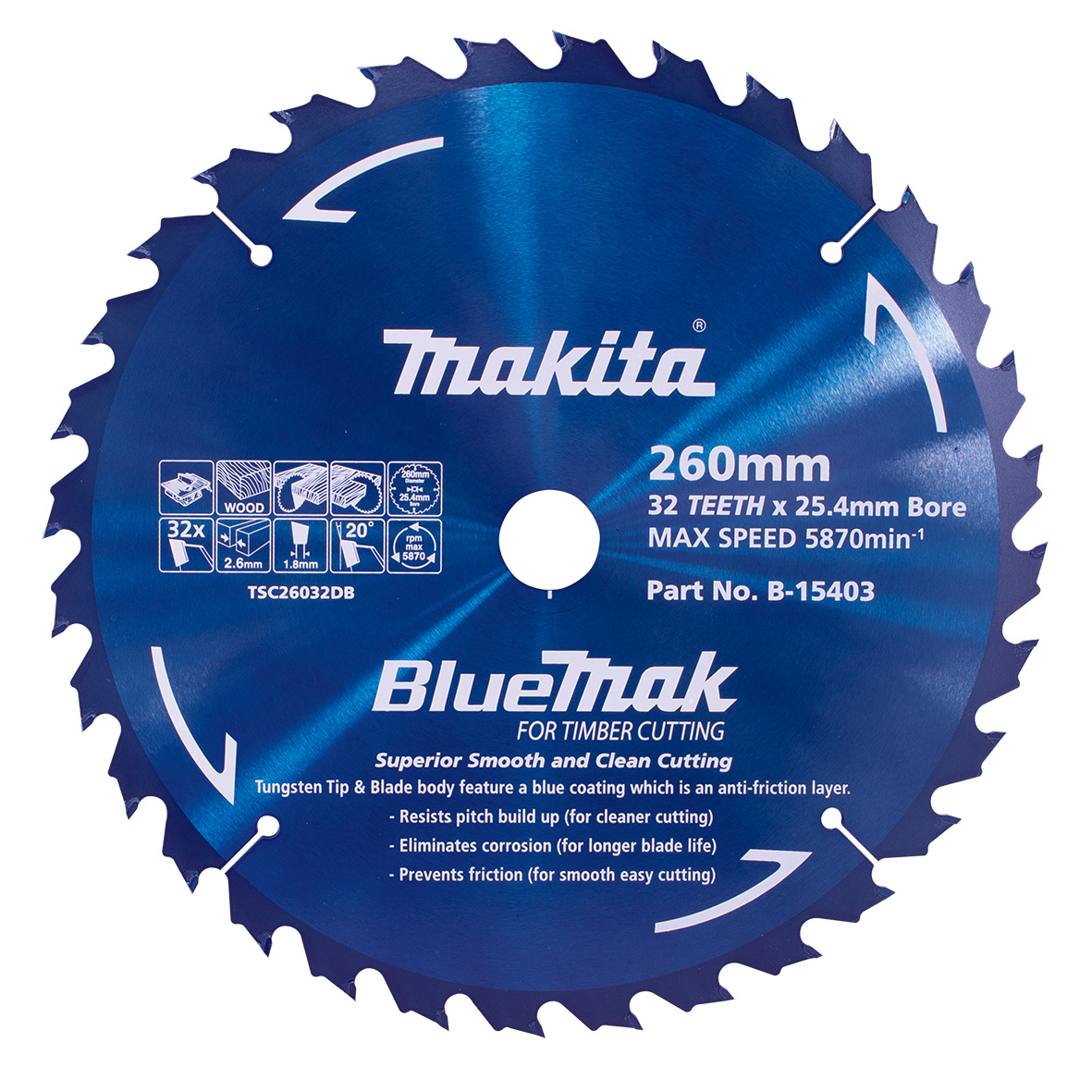 Makita B-15403 BlueMak TCT Saw Blade 260mm x 25.4mm x 36T Image