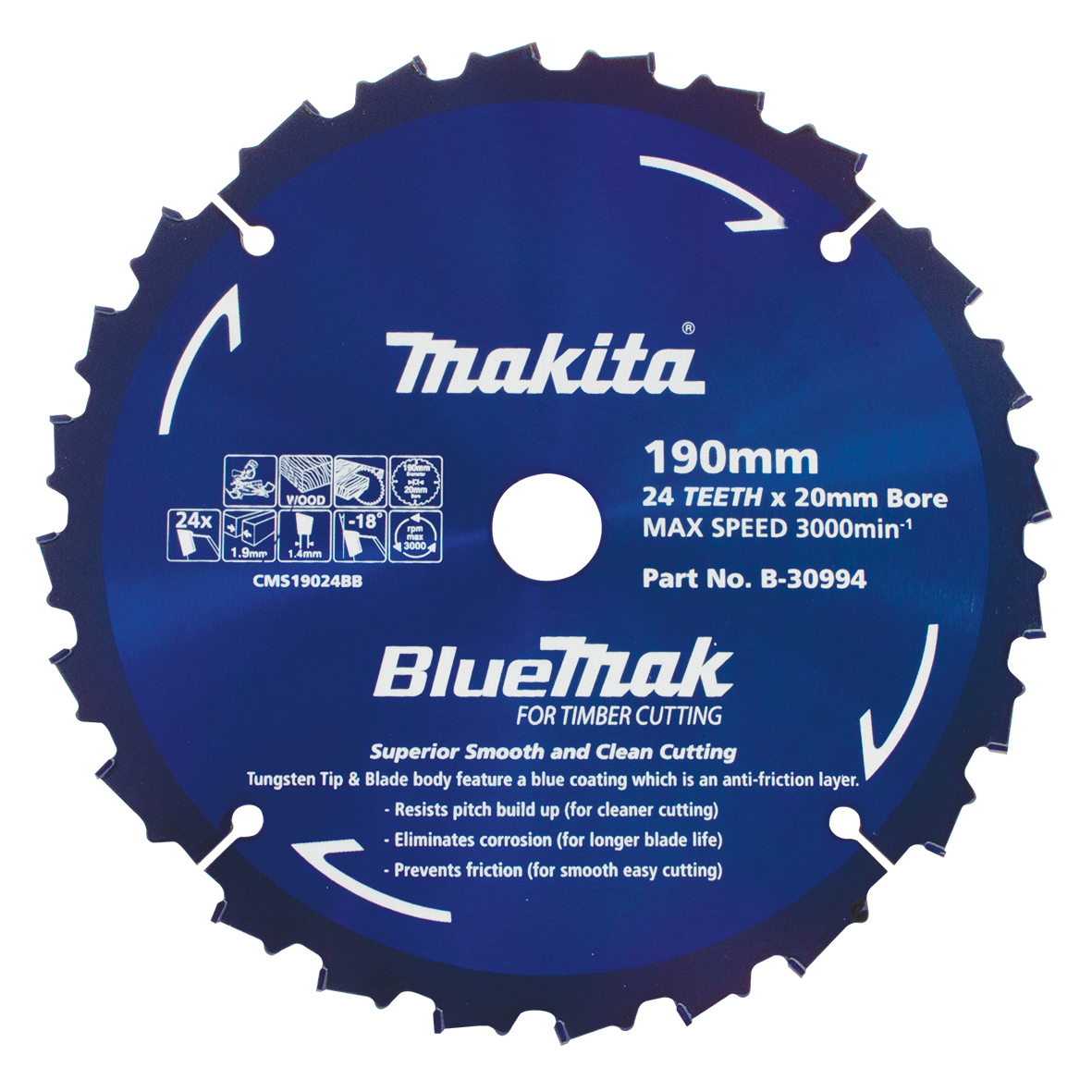 Makita B-30994 BlueMak TCT Saw Blade 190mm x 20mm x 24T Image