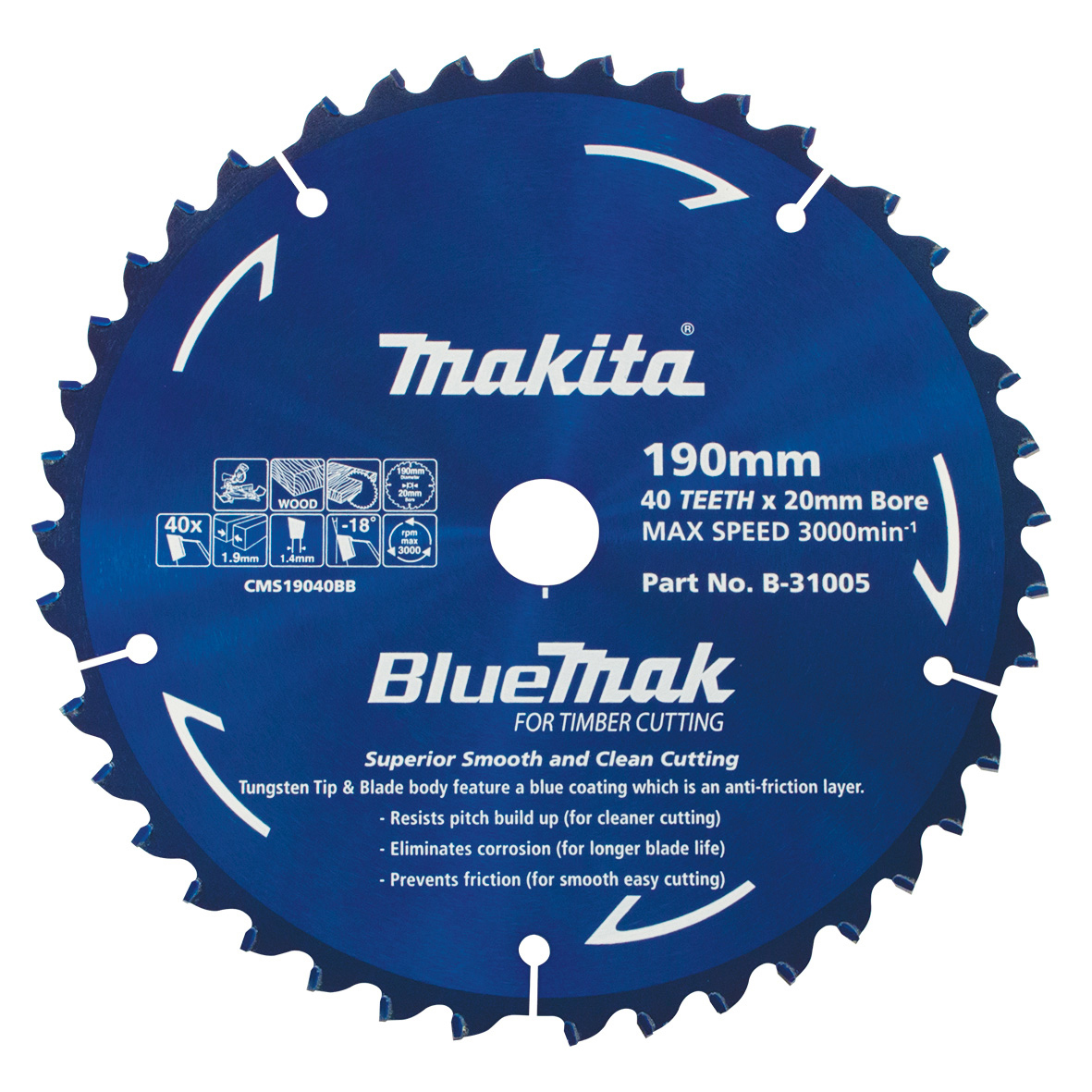 Makita B-31005 BlueMak TCT Saw Blade 190mm x 20mm x 40T Image