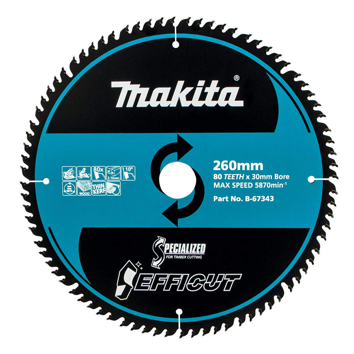 Makita B-67343 Efficut Wood TCT Saw Blade 260mm × 25.4mm × 80T Image