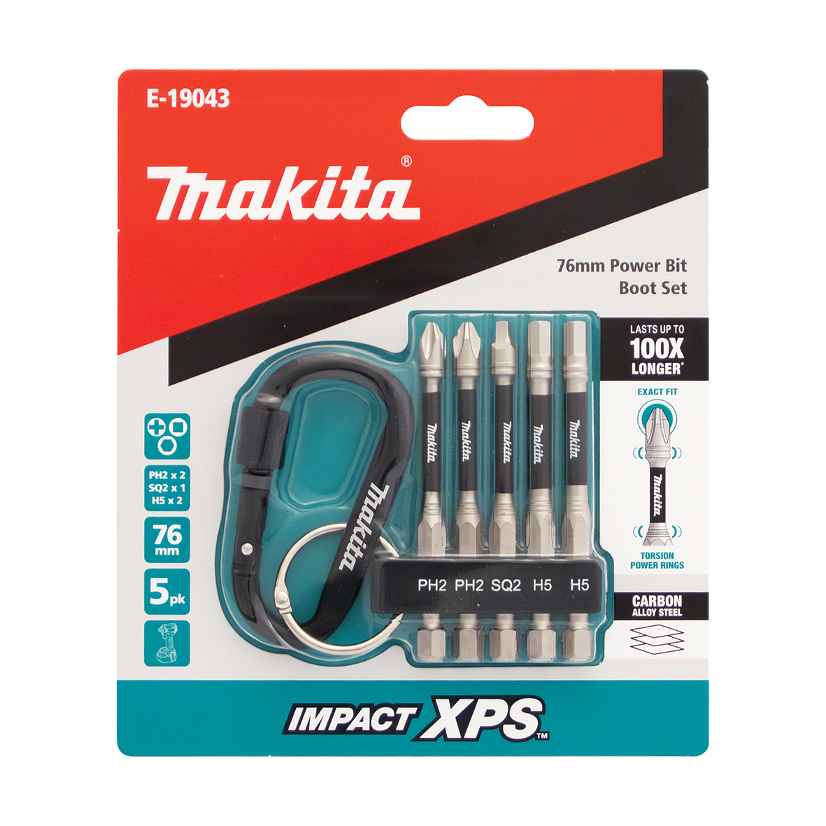 Makita E-19043 Impact XPS 5 Piece 76mm Mixed Power Screwdriver Bit Set with Carabiner Image