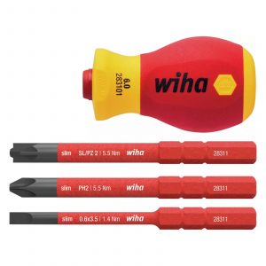 Wiha 41230 Screwdriver with Bit Holder Set VDE 1000V – SoftFinish® slimVario® Electric, Stubby 4 Piece - Made in Germany