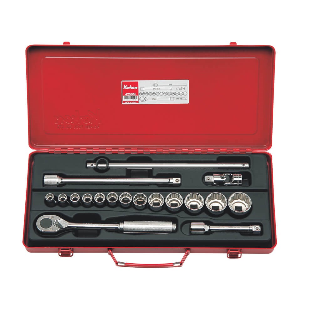 Koken 4250M 1/2″ Square Drive Socket Set 12 Point 18 Piece Metric – Made in Japan Image