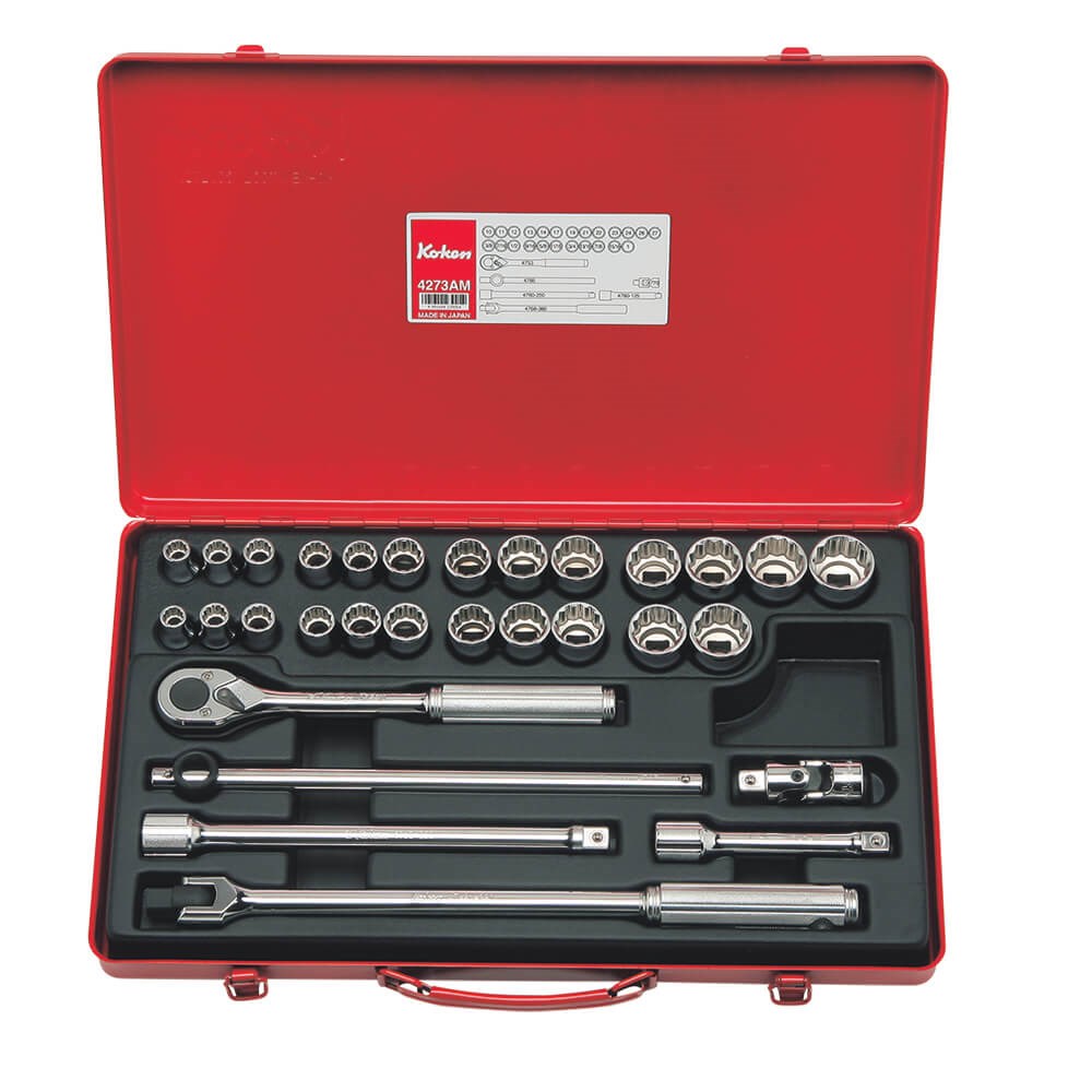 Koken 4273AM 1/2″ Square Drive Standard Socket Set 12 Point 30 Piece Metric & SAE – Made in Japan Image