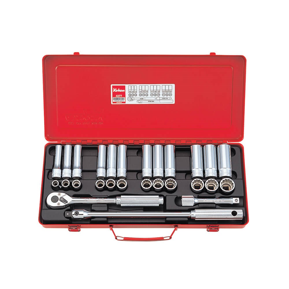 Koken 4277 1/2″ Square Drive Standard & Deep Socket Set 12 Point 27 Piece Metric – Made in Japan Image